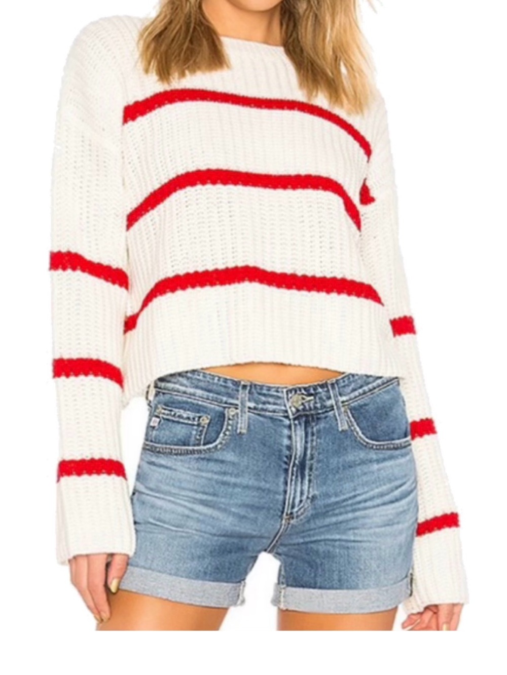 C&C California White Cropped Knit Sweater with Red Stripes
